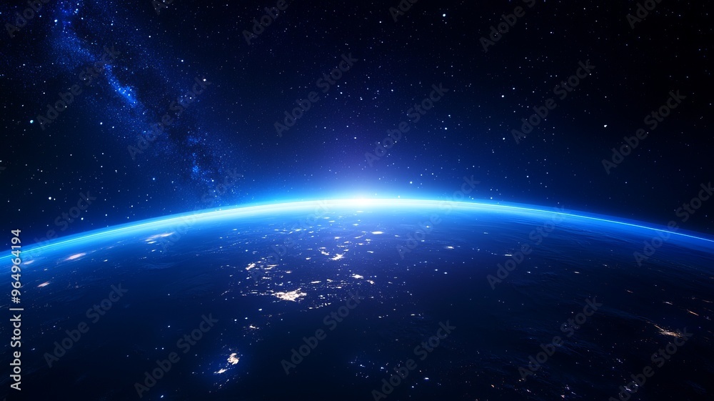 Stunning view of Earth from space at dawn, showcasing blue atmosphere and glowing city lights against a backdrop of stars. Stunning view of Earth from space at dawn, showcasing blue atmosphere and glowing city lights against a backdrop of stars.