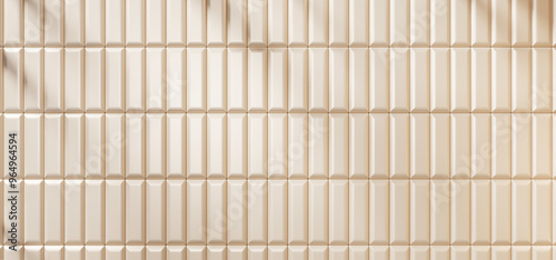Fototapeta Naklejka Na Ścianę i Meble -  3d beige tile wall background. Vertical rectangle pattern for bathroom, kitchen or toilet interior with light and shadow. Pastel brick ceramic texture, modern bath room render mockup. 3D illustration