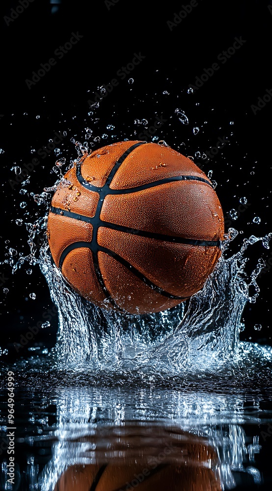 A basketball splashes into a pool of water, creating a dynamic spray of droplets.