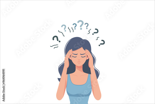 Confused woman scratching her head with question mark in flat design on white background. vector illustration.