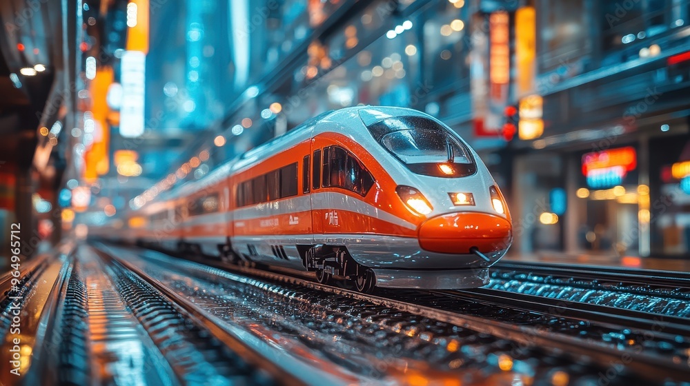 Fototapeta premium High-Speed Train Model Toy on Track in Shopping Mall with Blurred Background, Macro Photography and Dynamic Blur Effect