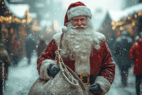 Santa Claus walking through a snowy village, carrying a large sack filled with gifts. Concept of Christmas traditions and festive scenery.