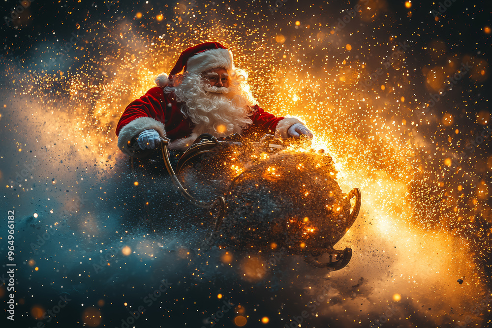 Santa Claus riding in his sleigh across a starry night sky, guided by Rudolph's glowing red nose. Concept of Christmas legends and magical journeys. Santa Claus riding in his sleigh across a starry night sky, guided by Rudolph's glowing red nose. Concept of Christmas legends and magical journeys.