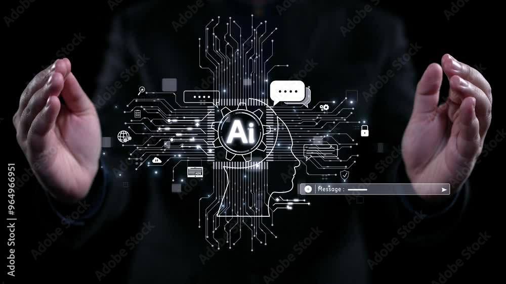 Human interact with AI artificial intelligence brain processor in concept of AI artificial intelligence engineering, big data and AI machine learning to use generative AI for business support. UUID