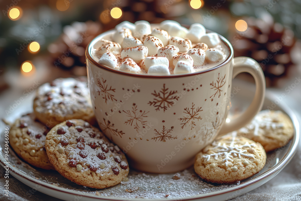 A warm cup of hot cocoa with marshmallows, set next to a plate of Christmas cookies. Concept of cozy winter moments and holiday treats. A warm cup of hot cocoa with marshmallows, set next to a plate of Christmas cookies. Concept of cozy winter moments and holiday treats.