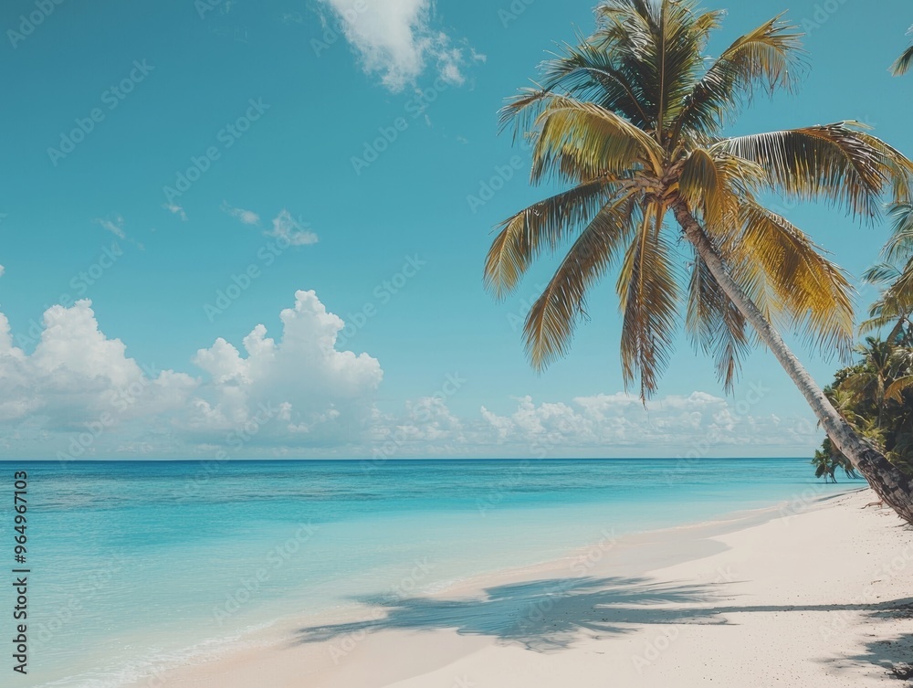 wide shot of coconut tree with white beach sand and blue ocean - ai wide shot of coconut tree with white beach sand and blue ocean - ai