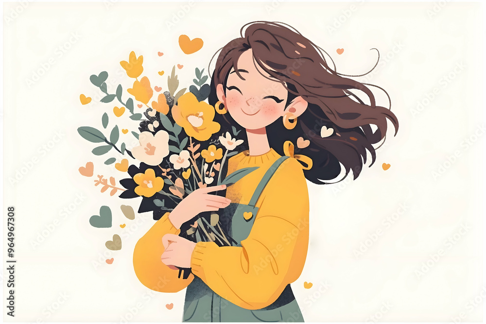 Happy woman with brown hair, wearing a yellow sweater and holding a bouquet of flowers. Happy woman with brown hair, wearing a yellow sweater and holding a bouquet of flowers.