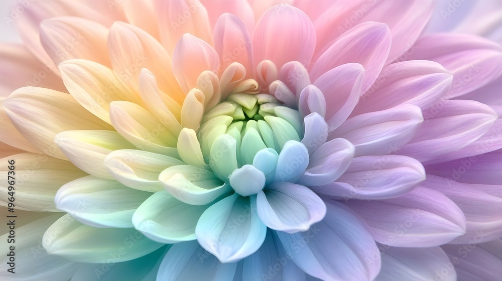 Fototapeta premium A beautifully detailed pastel flower with delicate petals, radiating colors of soft pink, blue, and green.