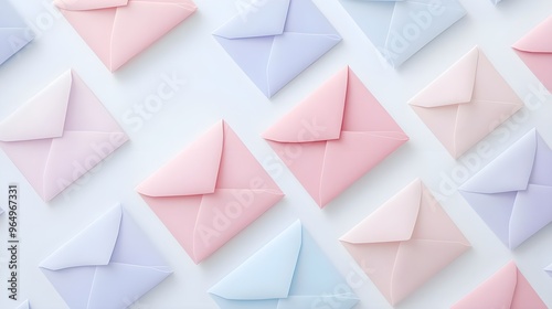 A beautiful arrangement of pastel-colored envelopes on a white background, perfect for invitations or stationery designs.