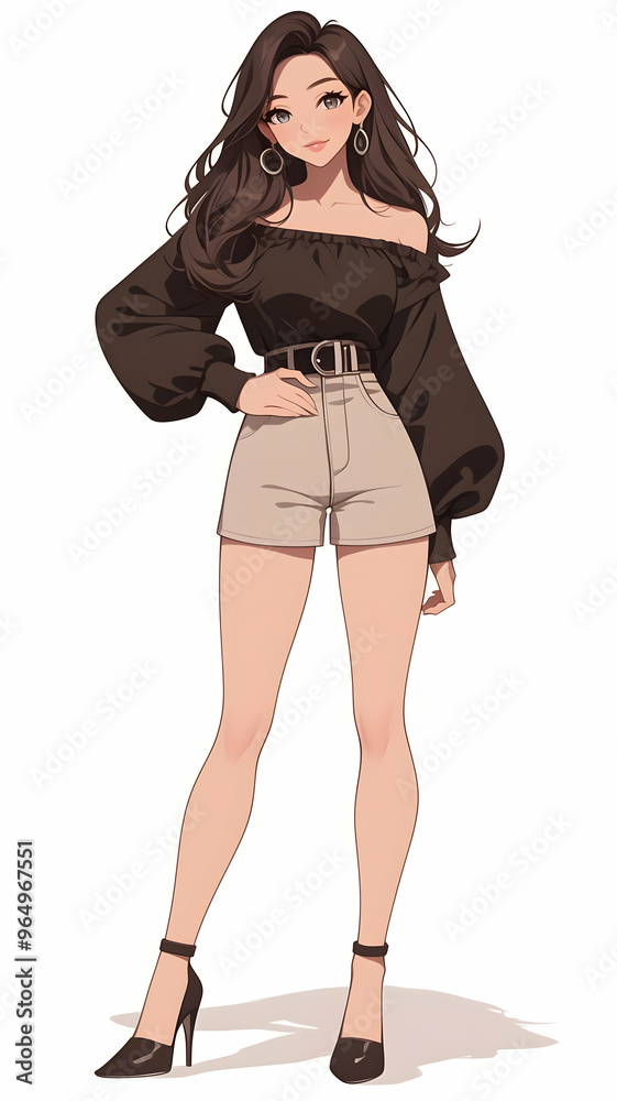 A young woman with long brown hair wearing a black off-the-shoulder top, white denim shorts, and black heels. A young woman with long brown hair wearing a black off-the-shoulder top, white denim shorts, and black heels.