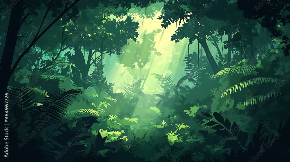 Sunset in jungle, vector illustration Sunset in jungle, vector illustration