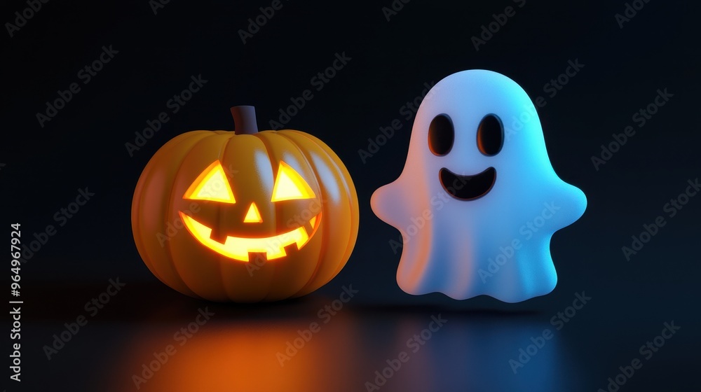 Halloween Pumpkin and Friendly Ghost Decoration with Glowing Jack-o'-Lantern on Dark Background Halloween Pumpkin and Friendly Ghost Decoration with Glowing Jack-o'-Lantern on Dark Background