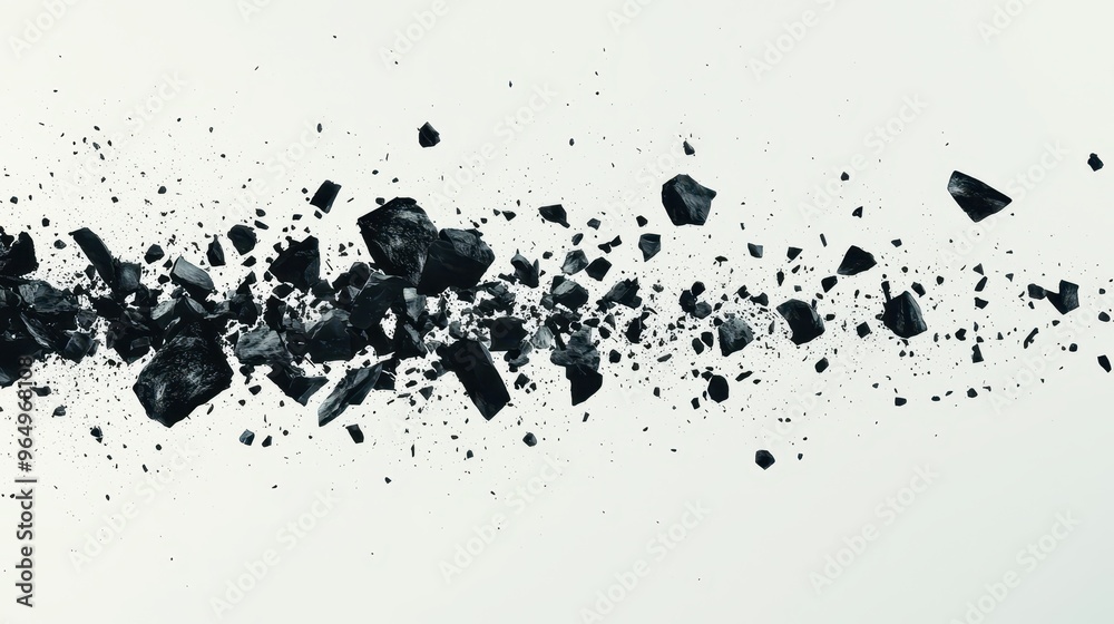 Fototapeta premium Black Rock Fragments Falling on White Background