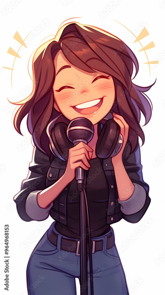 Obraz premium A happy young woman singing into a microphone, with headphones around her neck.