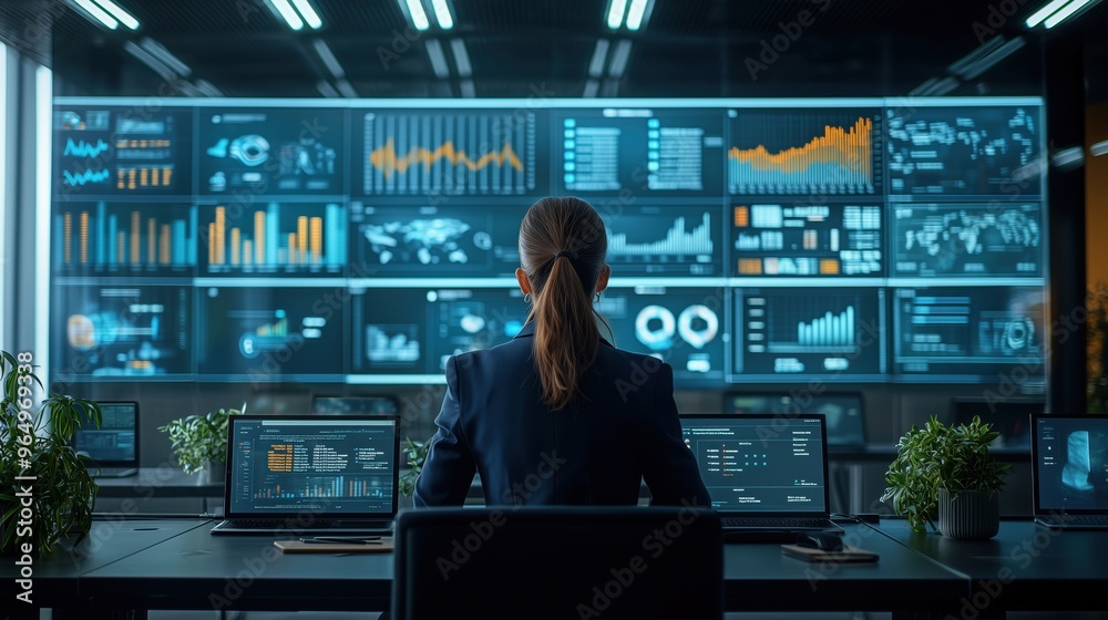 A professional woman analyzes data on multiple screens in a modern office environment, showcasing advanced technology and analytics. A professional woman analyzes data on multiple screens in a modern office environment, showcasing advanced technology and analytics.