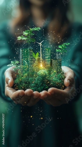 A person nurturing a miniature city with green plants and wind turbines, symbolizing environmental sustainability and growth.