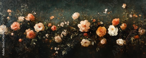 oil painting with dark and moody textured backdrop, brown colors, muted autumn flowers in oranges, pink, and white, green leaves and stems, muted dull coloring photo