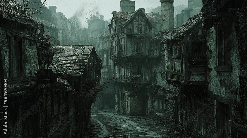 An eerie and dark depiction of an old, abandoned medieval town. The narrow cobblestone street is flanked by crumbling, dilapidated buildings. The wooden and stone structures have cracked windows, dama An eerie and dark depiction of an old, abandoned medieval town. The narrow cobblestone street is flanked by crumbling, dilapidated buildings. The wooden and stone structures have cracked windows, dama