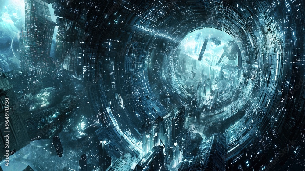 A highly detailed and intricately designed futuristic cityscape contained within a cylindrical structure, suggesting a space station or a massive spaceship interior. The scene is bathed in cool blue h A highly detailed and intricately designed futuristic cityscape contained within a cylindrical structure, suggesting a space station or a massive spaceship interior. The scene is bathed in cool blue h
