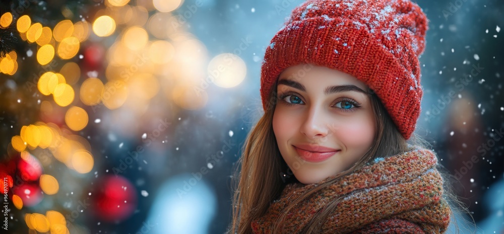 Beautiful woman with blue eyes smiling in winter with a red hat and scarf with a blurry background of snow and lights. Beautiful woman with blue eyes smiling in winter with a red hat and scarf with a blurry background of snow and lights.