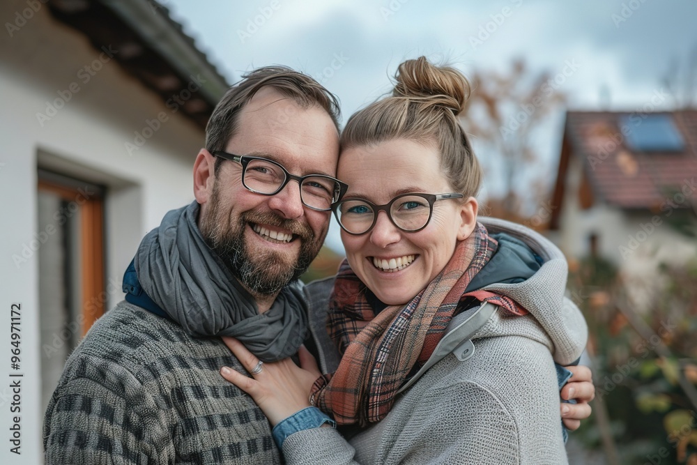 Smiling family in front of their new house