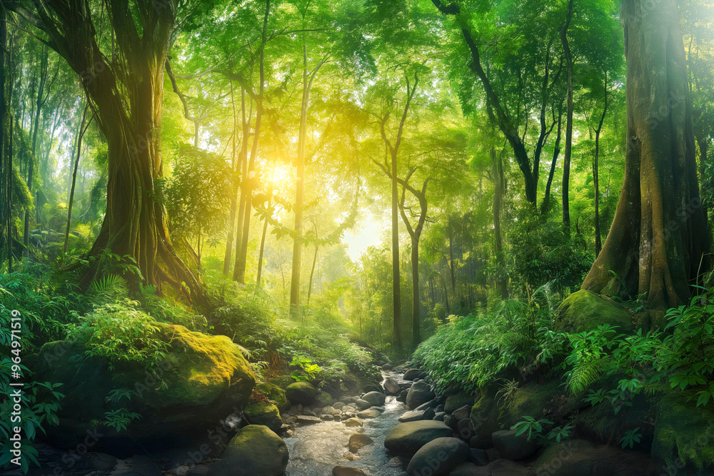 Obraz premium panorama banner background of tropical forest landscape scene for using in concept of environmental ecology and sustainable energy or Earth day, wild wood scenic using for wallpaper of spa and tourism