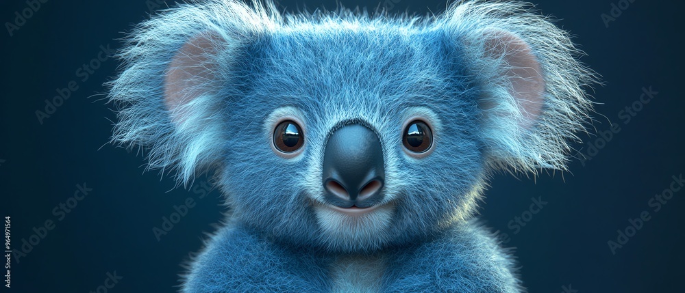 realistic illustration of a blue stuffed koala with light blue shading, patchwork seams, joyful expression, black tufted mane, curved line mouth, ragged but endearing appearance realistic illustration of a blue stuffed koala with light blue shading, patchwork seams, joyful expression, black tufted mane, curved line mouth, ragged but endearing appearance