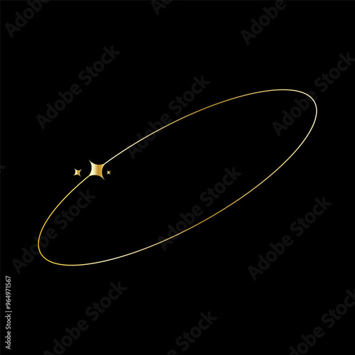 Gold ellipse outline. Glowing star details. Elegant minimal design. Black background contrast.