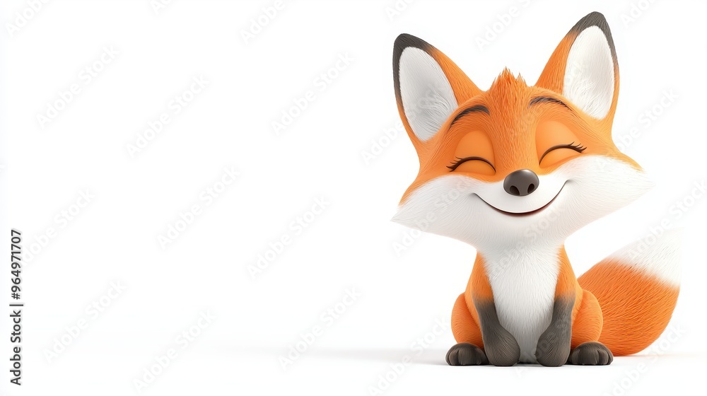 Fototapeta premium Cute Cartoon Fox Sitting with Closed Eyes and Smiling