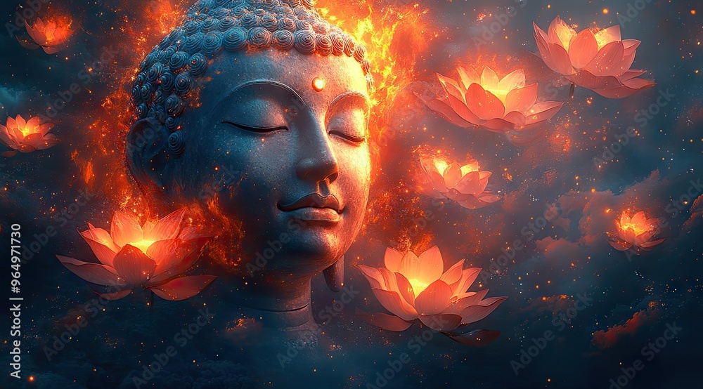 Enlightenment and Tranquility: Buddha Surrounded by Burning Lotuses Enlightenment and Tranquility: Buddha Surrounded by Burning Lotuses