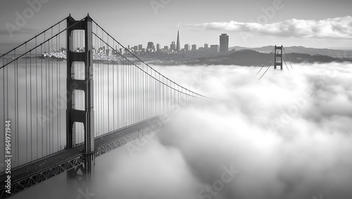 Golden Gate Bridge emerging through the fog in black and white photo