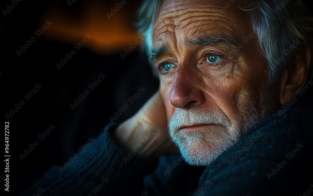 Lonely elderly man with gray hair, sitting on the sofa at home, thoughtful expression, head resting on his hand, subdued lighting, emotional and contemplative moment Lonely elderly man with gray hair, sitting on the sofa at home, thoughtful expression, head resting on his hand, subdued lighting, emotional and contemplative moment