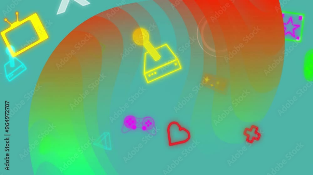 Animation of colourful shapes and icons on blue background Animation of colourful shapes and icons on blue background