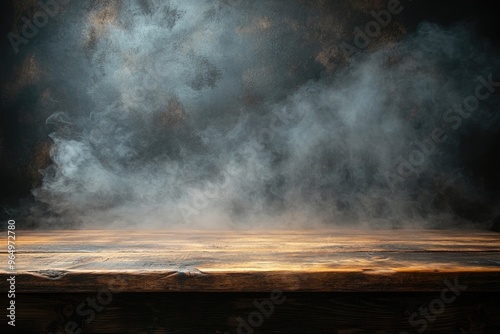 Wooden Table with Smoke Background