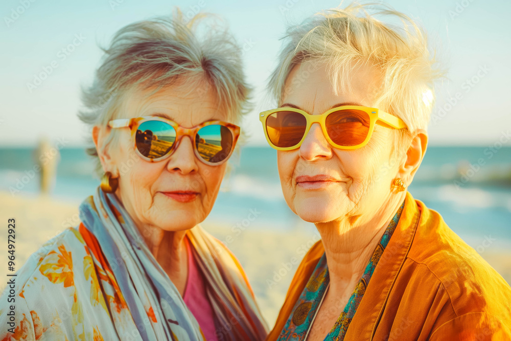 Obraz premium Portrait of two beautiful mature woman at beach