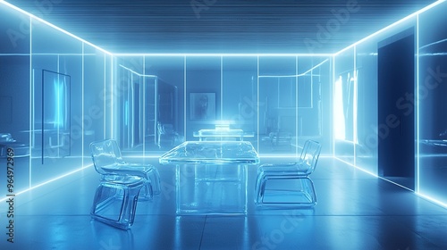 A futuristic, minimalist interior space with a sleek and modern design. The room is illuminated by ambient blue neon lighting, which outlines the glass walls and furniture. There is a transparent glas photo