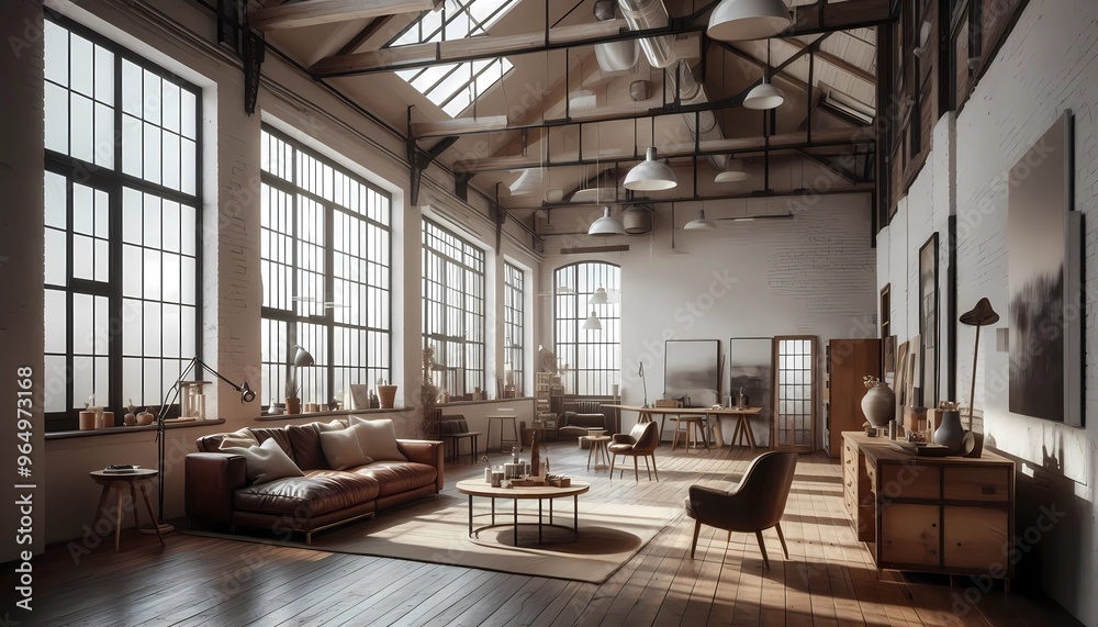 Living room in luxurious industrial style apartment, with large windows. Created with A.I. generative. Living room in luxurious industrial style apartment, with large windows. Created with A.I. generative.