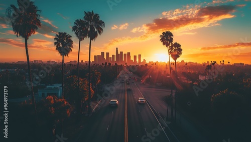 Palm Tree-Lined Street Overlooking Los Angeles at Sunset photo