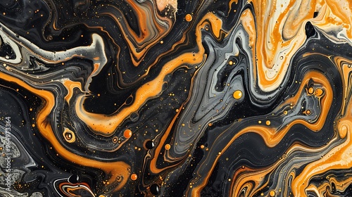 Black And Orange Abstract Fluid Art Background With Liquid Marble Texture.