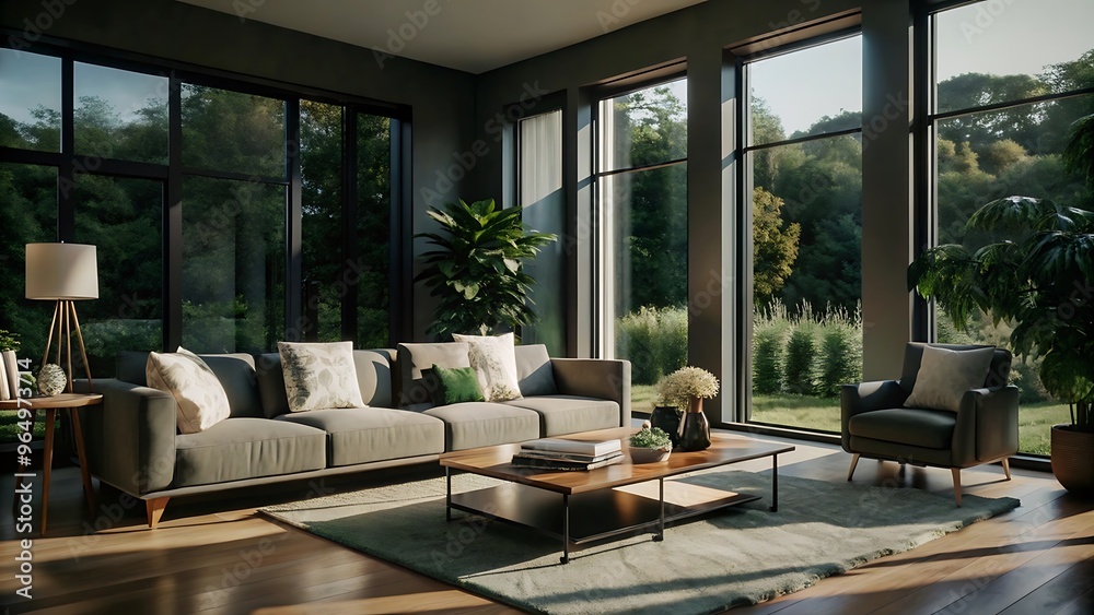 Fototapeta premium Minimalist luxury modern living room interior design, morning light, modern interior concept for use. contemporary interior design.
