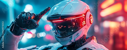 Futuristic soldier giving a twofinger salute, wearing advanced exoskeleton armor, with a glowing cityscape in the background, neon lights reflecting off the visor photo