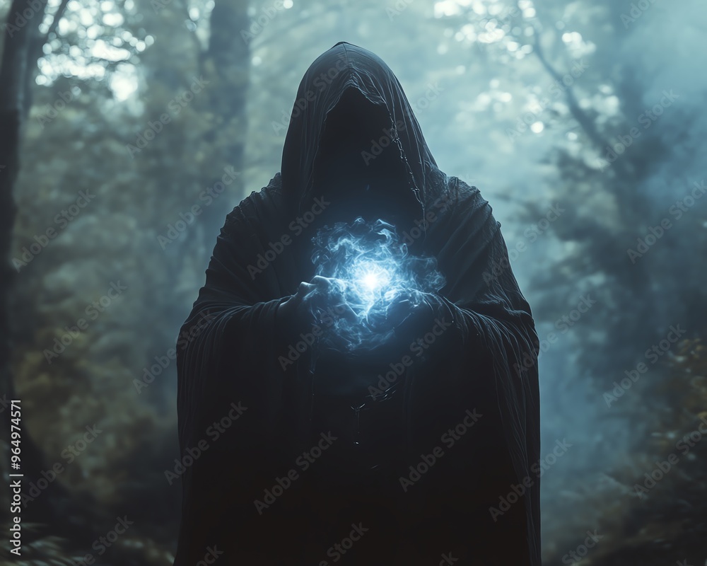 Mysterious hooded figure in a dark cloak, forming a fist with a glowing ...