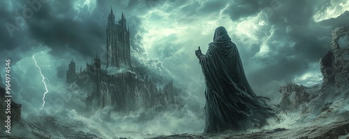 Mysterious figure in a dark cloak, giving a thumbs down, standing in front of a crumbling castle with a stormy sky and lightning bolts in the background