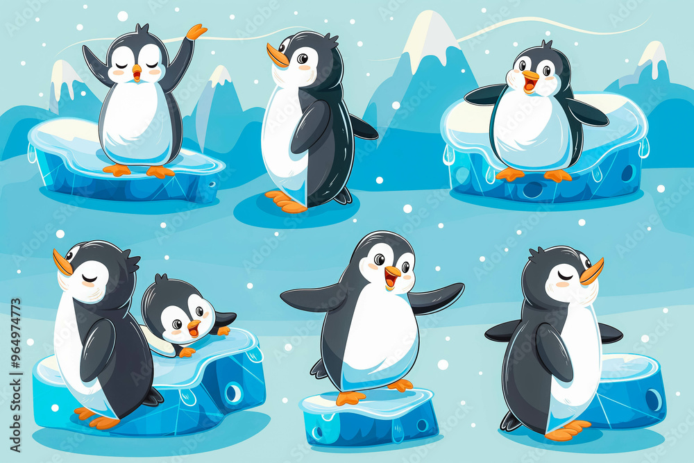 Obraz premium Set of cute cartoon baby penguins standing on icebergs in Antarctica and having fun on a sunny winter day. Hand illustration of penguins for Christmas design