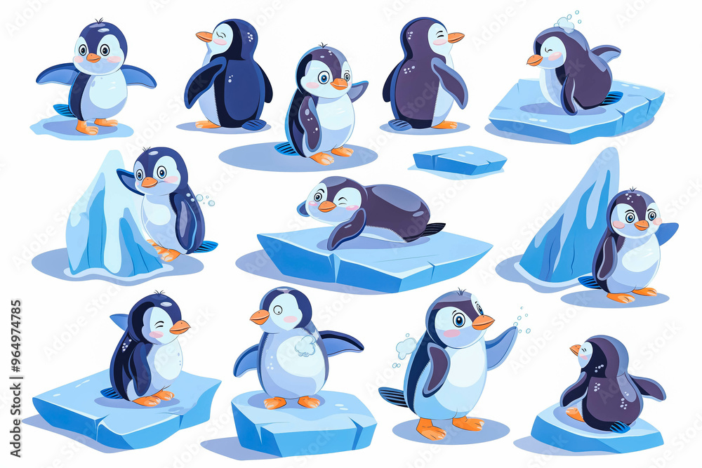 Obraz premium Set of cute cartoon baby penguins standing on icebergs in Antarctica and having fun on a sunny winter day. Hand illustration of penguins for Christmas design