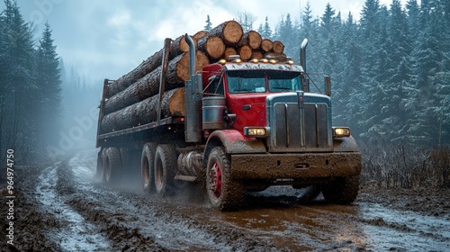 A red semi-truck loaded with logs drives through a muddy forest road on a foggy day. photo