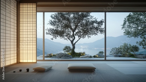 Japanese Zen Room Interior Design with Tatami Mat Shoji Screen and Mountain View