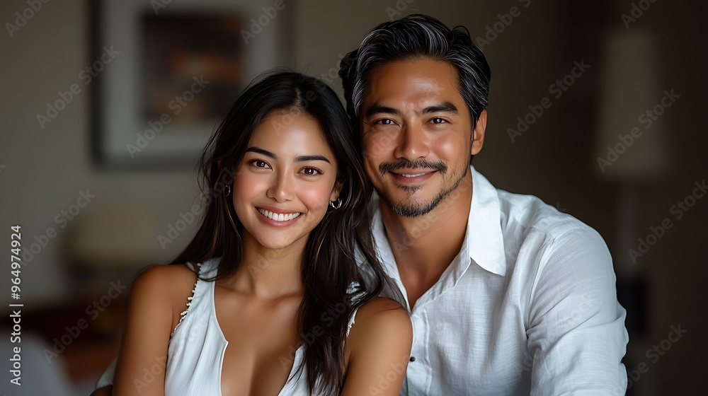 Happy Asian couple smiling at the camera while sitting together in their living room. Happy Asian couple smiling at the camera while sitting together in their living room.