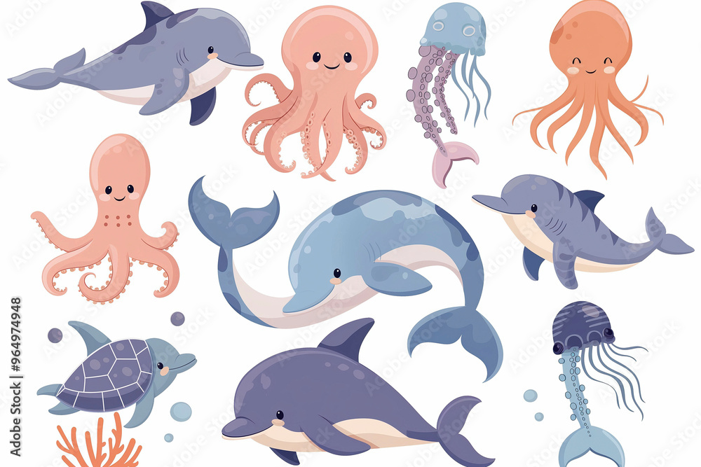 set of sea animals. Dolphin, octopus, sea horse, sea turtle, squid, stingray, jellyfish, shark. Cute cartoon animals for kids. Vector illustration set of sea animals. Dolphin, octopus, sea horse, sea turtle, squid, stingray, jellyfish, shark. Cute cartoon animals for kids. Vector illustration
