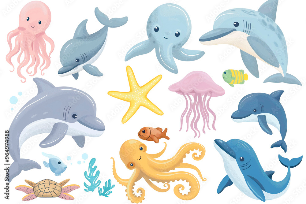 set of sea animals. Dolphin, octopus, sea horse, sea turtle, squid, stingray, jellyfish, shark. Cute cartoon animals for kids. Vector illustration